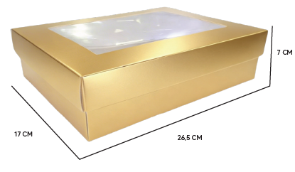 CAJA CARTULINA DORADO RECTANGULAR CON TAPA 26.5X17X7 CM + ACETATO