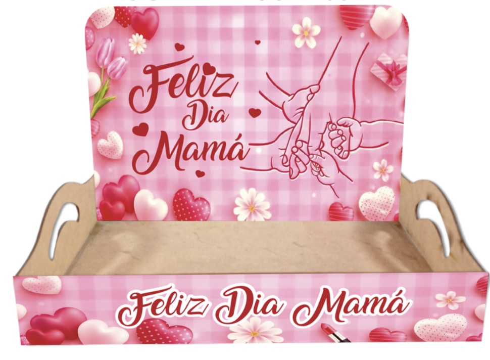 BANDEJA CON AZA MDF 30X20 CM + BACKINGS - FELIZ DIA MAMA / FONDO CON BRAZO DE MAMA E HIJOS