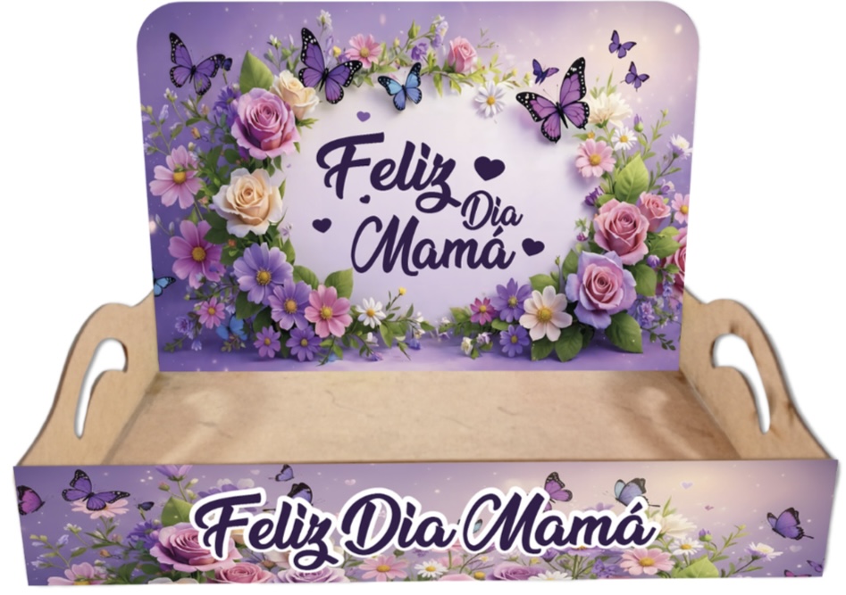 BANDEJA CON AZA MDF 30X20 CM + BACKINGS - FELIZ DIA MAMA / FONDO LILA CON MARIPOSA