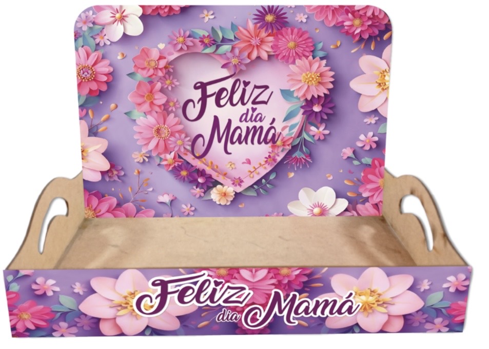 BANDEJA CON AZA MDF 30X20 CM + BACKINGS - FELIZ DIA MAMA / FONDO LILA CON FLORES