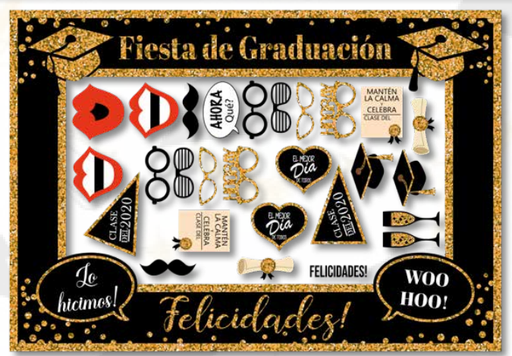[GR20244] PHOTOBOOTH KRAFT 120X90 CM FIESTA DE GRADUACION NEGRO/DORADO + PROPS