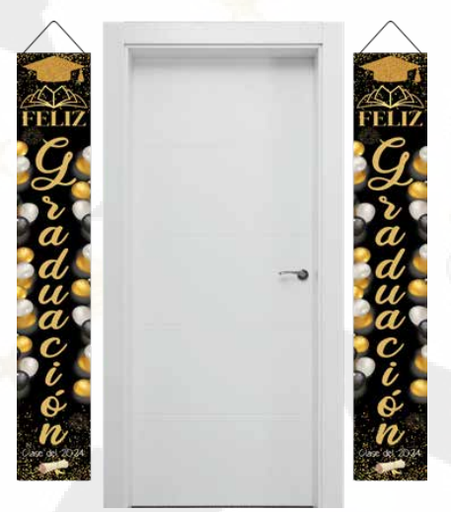 [GR20263] LONA DECORATIVA 125X30 CM - FELIZ GRADUACION NEGRO / DORADO X2 PZAS