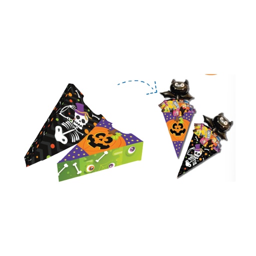[HLW0008] CAJA TRIANGULAR DE CARTULINA 27X18 CM - CALABAZA / CALAVERA X2 UNDS