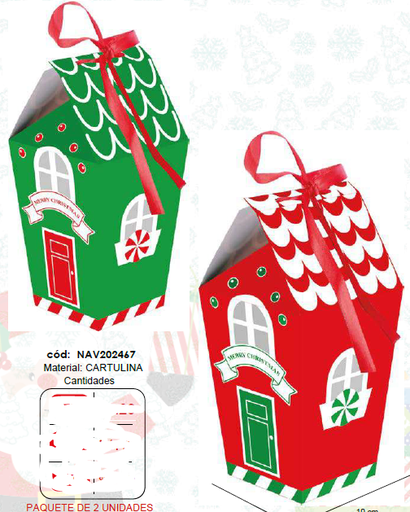 [NAV202467] CAJA CARTULINA 23X10 CM - CASA DE SORPRESA MERRY CHRISTMAS VERDE / ROJO X2 UNDS