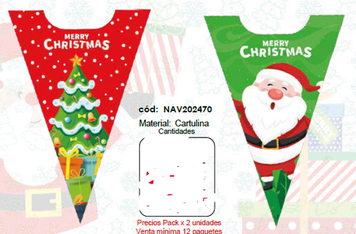 [NAV202470] CAJA CARTULINA TRIANGULAR - MERRY CHRISTMAS PAPA NOEL / ARBOL DE NAVIDAD X2 UNDS