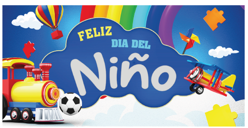 [DDÑ25L06] LONA DECORATIVA 100X50CM - FELIZ DIA DEL NIÑO / TREN, AVIONETA Y ACOIRIS