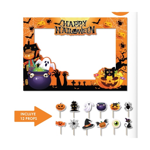 [HLW25PC06] PHOTOBOOTH 120X90 CM KRAFT - CALDERO- FANTASMA Y CALABAZA + 12 PROPS