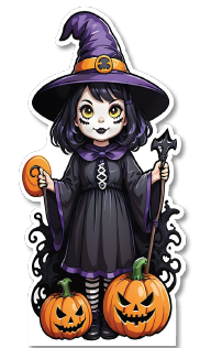 [HLW25AB20-K] AFICHE 60 CM KRAFT - BRUJA CON SONBRERO Y CALABAZAS