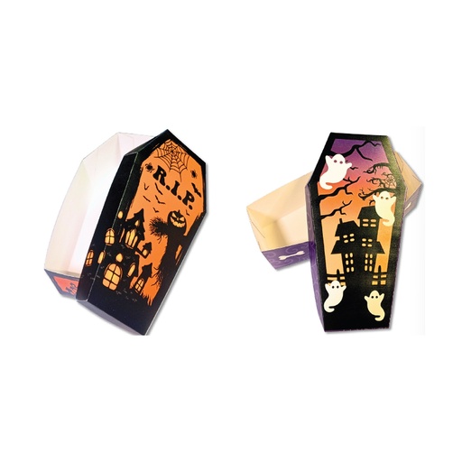 [HLW25CA55] CAJA CARTULINA ATAUD - FANTASMA / CALABAZA / CASTILLO X3 UNDS