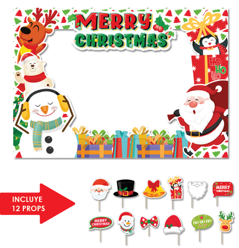 [NAV25PH40] PHOTOBOOTH KRAFT 120X90 CM - MERRY CHRISTMAS / REGALOS Y EL ELENCO + 12 PROPS