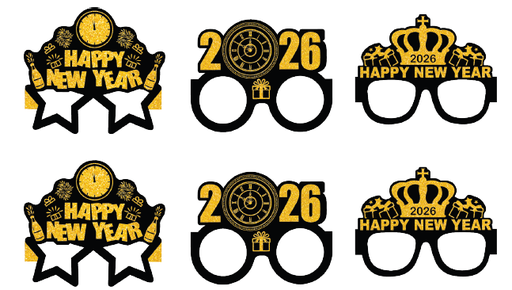 [FAN26GJ04] GAFAS DECORATIVAS DE CARTULINA - HAPPY NEW YEAR 2026 X 6 UNDS / DORADO