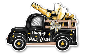 [FAN26CP34] COLGANTE PVC AMBAS CARAS 40X60 CM - CARRO NEGRO/ HAPPY NEW YEAR - LAZO PLATEADO