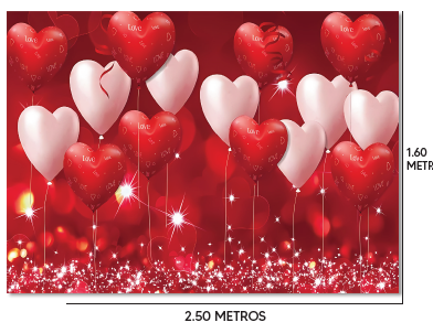 [SV26LO029] LONA DECORATIVA PARA PARED 250X160 CM - FONDO ROJO DESTELLOS GLOBOS CORAZONES