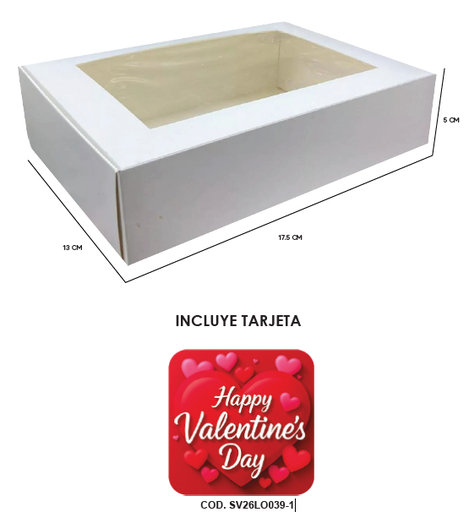 [SV26LO039-1] CAJA CARTULINA CON ACETATO 17X13X5CM - BLANCA + TARJETA HAPPY VALENTINES DAY X2 UND.