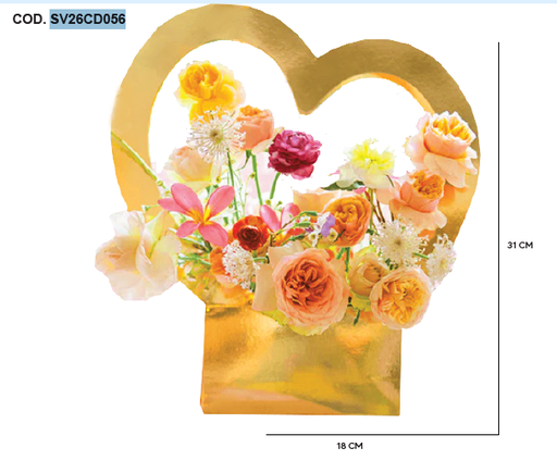 [SV26CD056] CAJA CANASTA CARTULINA PARA FLORES - CORAZON METALIZADA DORADA