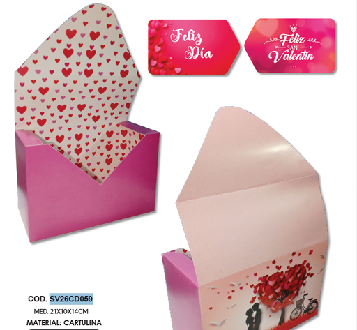 [SV26CD059] CAJA CARTULINA SOBRE 24X14X10 CM - FUCSIA / FONDO CORAZONES X1 UNDS