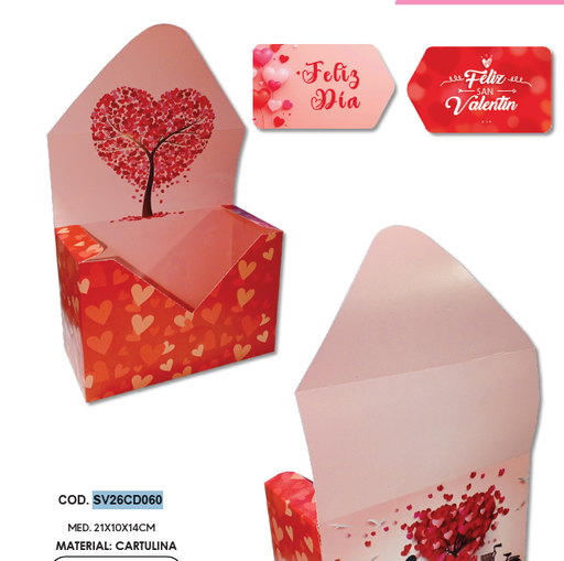 [SV26CD060] CAJA CARTULINA SOBRE 24X14X10 CM - ROJA / ARBOL DE CORAZON X1 UNDS