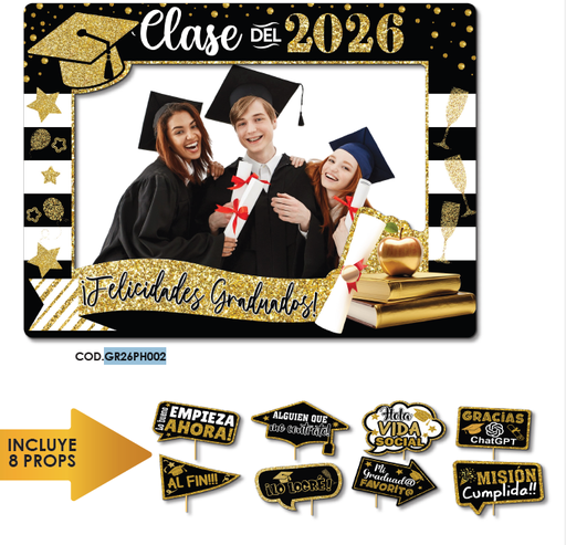 [GR26PH002] PHOTOBOOTH KRAFT 120X90 CM CLASE DEL 2026 NEGRO / DORADO + PROPS X8 UNDS