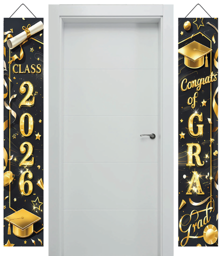 [GR26LO203] LONA DECORATIVA 120X26 CM CLASS 2026 CONGRATS OF GRAD NEGRO / DORADO