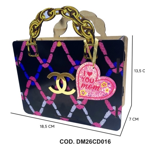 [DM26CD016] CARTERA DETALLE MDF 18.5X7X13.5 CM - NEGRO / ROSADO