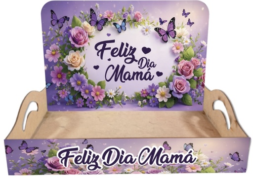 [DM26CB110] BANDEJA CON AZA MDF 30X20 CM + BACKINGS - FELIZ DIA MAMA / FONDO LILA CON MARIPOSA